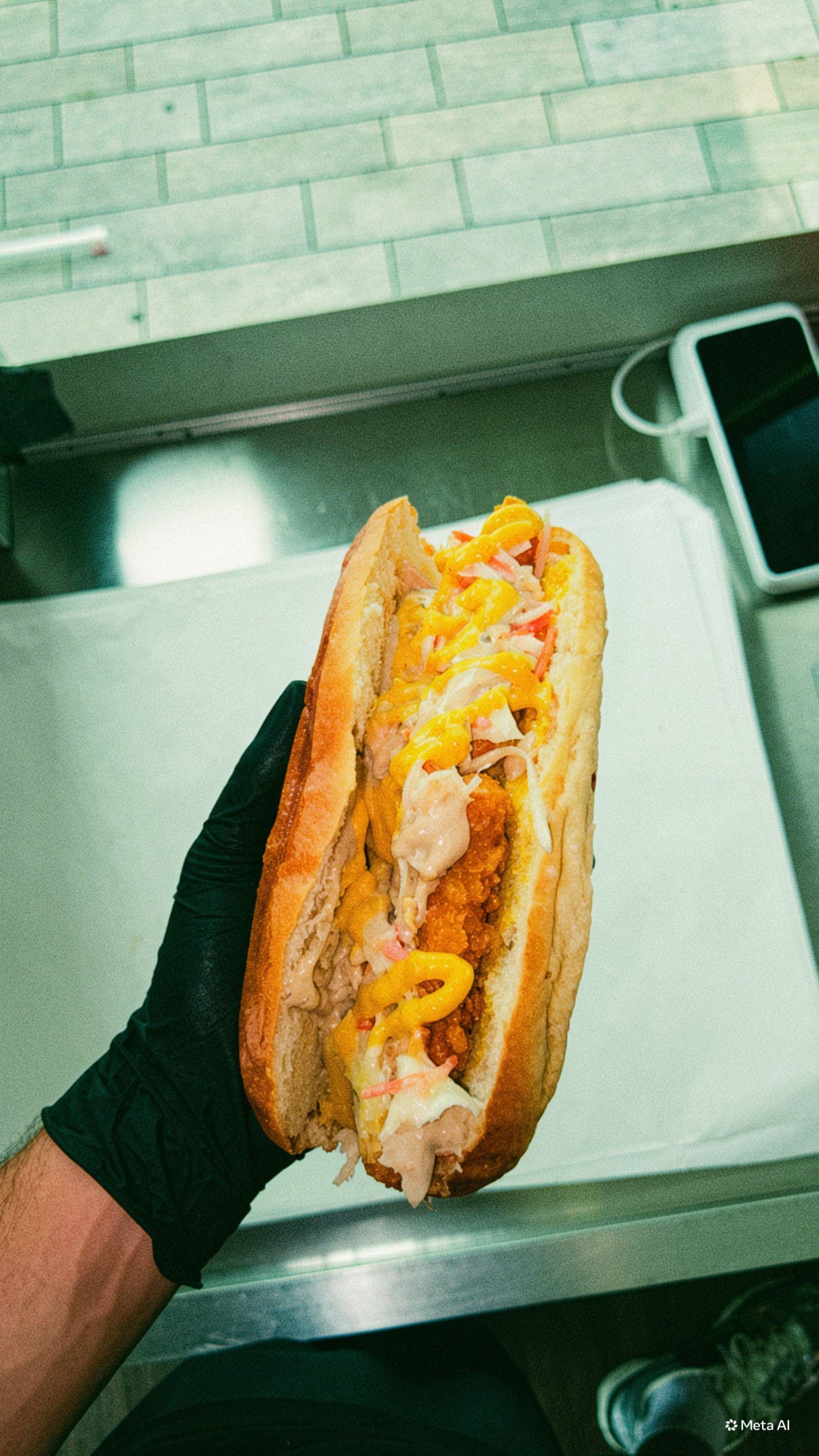 Crispy Chicken Sandwich von Pappou’s in der Hand
